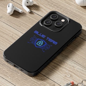 May include: A black phone case with a blue and white graphic of a shield with a lock inside and the text "BLUE TEAM".