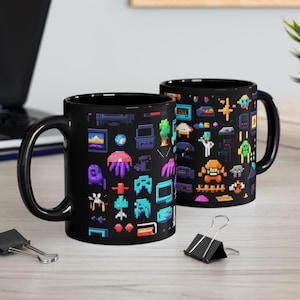 Gamer Mug, Retro Video Game Cup, Pixelated Gaming Coffee Mug, Old School Gamer Gift, Geek Tea Mug, Black Ceramic Mug for Gamers