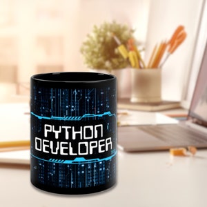 Python Developer mug, with tech new age design. Great gift for a programmer and a software engineer, for graduation and company events