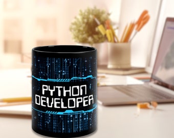 Python Developer mug, with tech new age design. Great gift for a programmer and a software engineer, for graduation and company events
