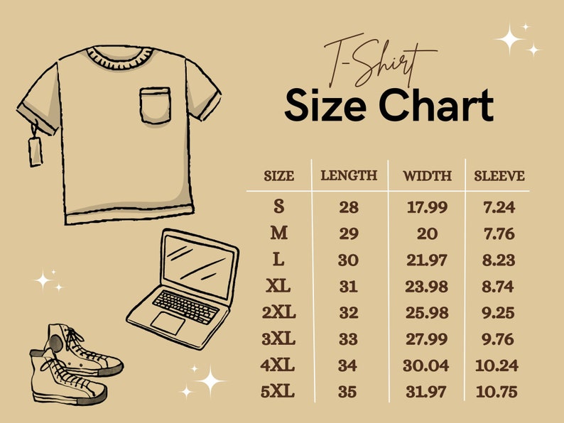 May include: T-shirt size chart with measurements in inches for length, width, and sleeve. Sizes range from S to 5XL.