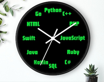Geek Chic Wall Clock: Dramatic Black Timepiece Featuring Coding Languages Symbols for Programmers, Tech Enthusiasts and Computer Students