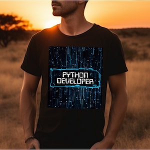 Könnte beinhalten: Ein schwarzes T-Shirt mit einem blauen und weißen Grafikdesign, auf dem "Python Developer" steht. Das Grafikdesign ist eine stilisierte Leiterplatte mit leuchtenden blauen Linien.