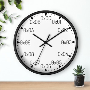 May include: A black and white clock with a white face and black hands. The numbers on the clock are in hexadecimal format, starting with 0x01 and going up to 0x0C.