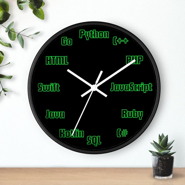 Geek Chic Wall Clock: Dramatic Black Timepiece Featuring Coding Languages Symbols for Programmers, Tech Enthusiasts and Computer Students