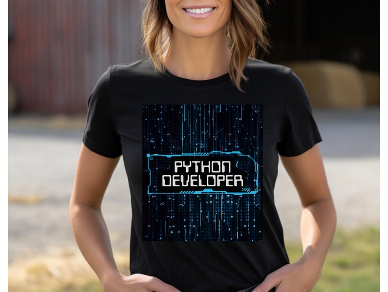 May include: Black t-shirt with a blue and black graphic design that says "Python Developer".