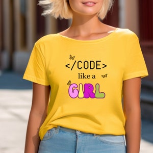 Camiseta Code Like a Girl – Design de borboleta – Camiseta tecnológica capacitadora – Presente exclusivo para entusiastas de TI – Mulheres em tecnologia – Programador desenvolvedor