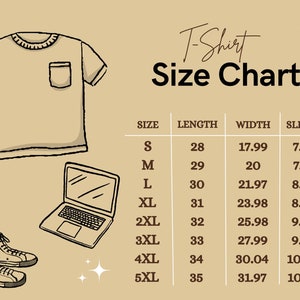 Pode incluir: Tabela de tamanhos de camiseta com medidas em polegadas para comprimento, largura e manga. Os tamanhos variam do S ao 5XL.