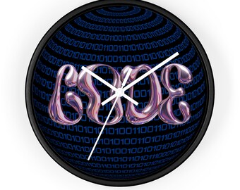 CODE Wall Clock: Dramatic Black Timepiece Binary symbols for Programmers, Tech Enthusiasts Teachers and Computer Students three dimensional