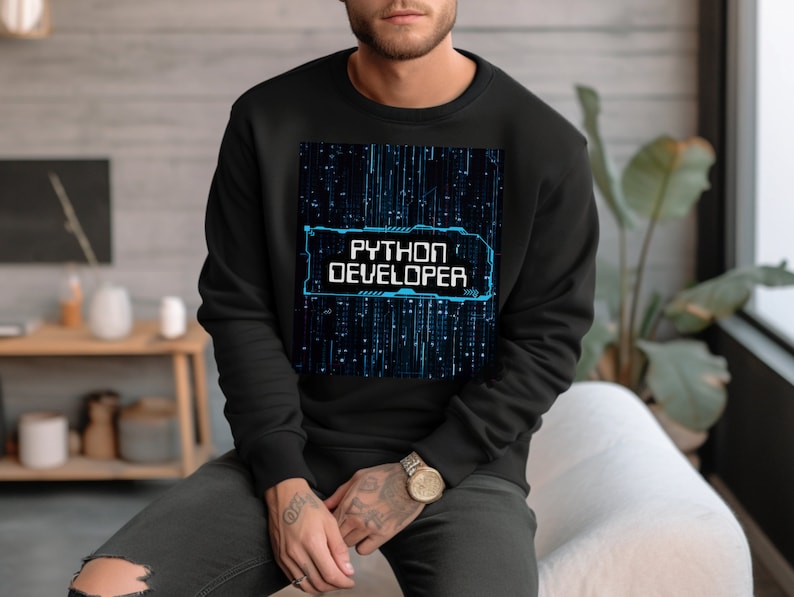 K&ouml;nnte beinhalten: Schwarzes Sweatshirt mit einer blauen und wei&szlig;en Grafik, auf der "PYTHON DEVELOPER" auf schwarzem Hintergrund steht.