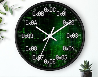 Cyber and Programmer Wall Clock - Classroom and Home Office Decor for Code Developer, Teacher, Scientist Math Geek - Hexadecimal Hours Clock