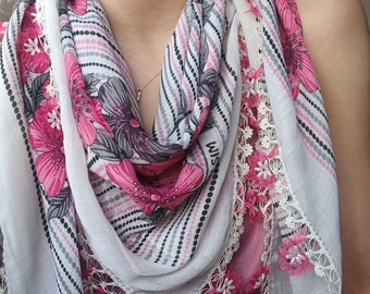 Authentic scarf shawl with crocheted pink floral lace super soft fabric