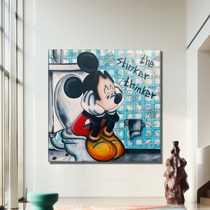 Impresión en lienzo de Mickey en el baño (versión 2), arte pop, arte de Banksy, grafiti de Mickey Mouse, arte mural de grafiti callejero, regalo de Mickey Mouse