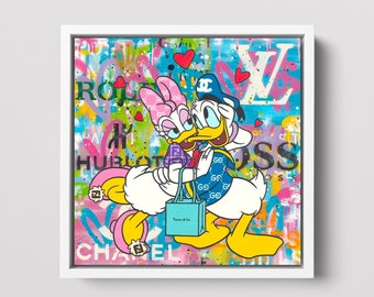 Donalds in Love Graffiti Pop Art Canvas, Donald Duck Street Graffiti, Cartoon Pop Art Donald Duck Poster, Luxury Cartoon Pop Art Decor