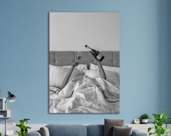 Woman Drinking Wine in Bed Canvas Art, Feminist Poster, Black and White, Alcohol Wall Art, Bar Cart Print,Girl Room Decor, Wall Decor