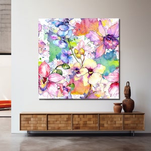 Abstract Wild Flowers Canvas Wall Art, Watercolor Flowers Art, Colorful Floral Wall Decor, Floral Art Print, Large Floral Poster