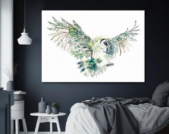 Lienzo de búho de acuarela, regalo, arte de pared de búho volador, obra de arte de búho, póster de búho, arte de lienzo de búho verde, decoración de pared de búho con hojas, póster de búho