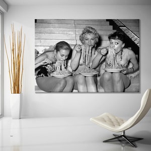 Women Eating Spaghetti Canvas Art, Women Eating Pasta Black and White Vintage Print, Photography Prints, Wall Decor, Wall Art, Pasta Art