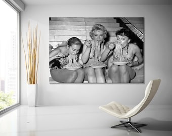 Women Eating Spaghetti Canvas Art, Women Eating Pasta Black and White Vintage Print, Photography Prints, Wall Decor, Wall Art, Pasta Art