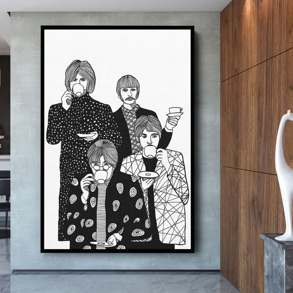 Beatles Line Drawing canvas Wall Art , The Beatles Drinking Tea Print, Home Decor, Gift for 70s Music Lover, Liverpool Memorabilia