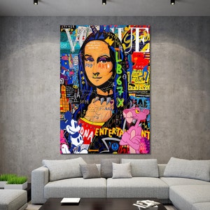 Lienzo pop art de la Mona Lisa y la Pantera de Banksy, pop art rosa al estilo Banksy, Mona Lisa, grafiti callejero, póster rosa de la Mona Lisa.