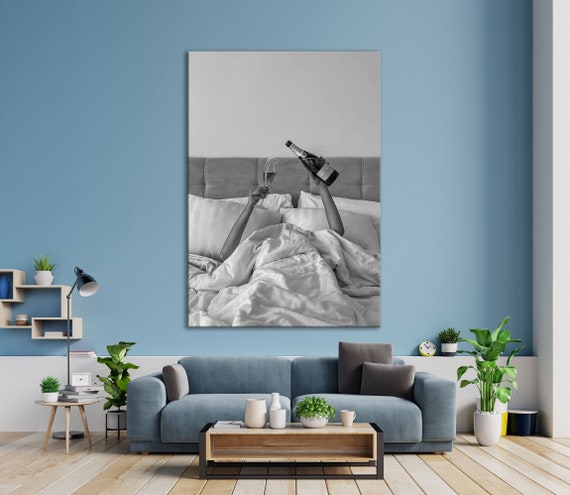 Woman Drinking Wine in Bed Canvas Art, Feminist Poster, Black and White, Alcohol Wall Art, Bar Cart Print,Girl Room Decor, Wall Decor