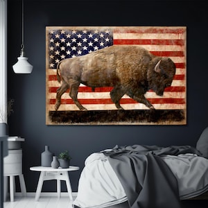 バイソンキャンバスアート バッファロープリント アメリカ国旗背景 ウォールアート マルチパネルプリント モダン 愛国心アート アメリカ国旗 リビングルーム用ウォールデコ