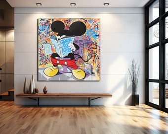 Impresión en lienzo de Mickey en el baño, arte pop, arte de Banksy, grafiti de Mickey Mouse, arte mural de grafiti callejero, regalo de Mickey Mouse