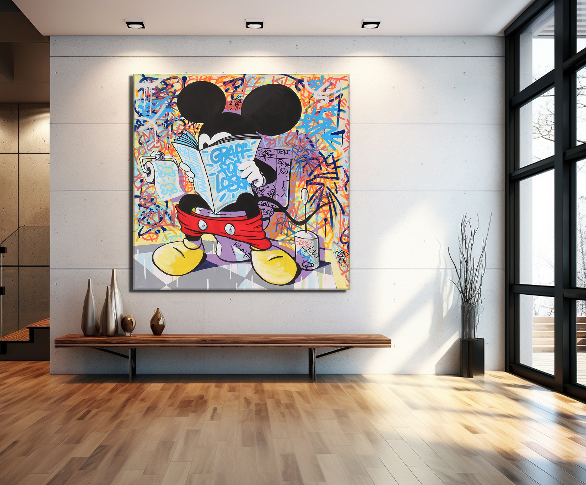 Mickey in the Toilet Pop Art Canvas Print, Banksy Art, Mickey
