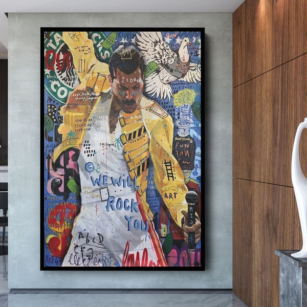 Banksy Freddie Mercury Graffiti Pop Art Canvas, Banksy Style Pop Art, Freddie Mercury Pop Art , Street Graffiti Wall Art, Queen Poster