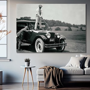 Golfer on Top of Car Canvas Print , Golf Wall Art, Black and White Art, Vintage Wall Art, Funny Wall Art, Antique Car, Vintage Wall Art