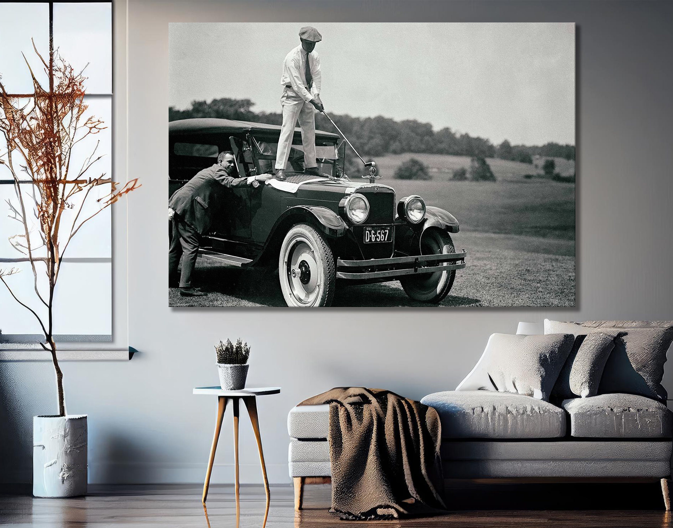 Golfer on Top of Car Canvas Print , Golf Wall Art, Black and White Art, Vintage Wall Art, Funny Wall Art, Antique Car, Vintage Wall Art