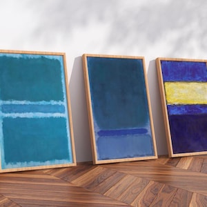 Mark Rothko Blå Set med 3 Tryck – Abstrakta Expressionistiska Träinramade Tryck, Modern Väggkonsttrio, Minimalistiskt Färgfältset