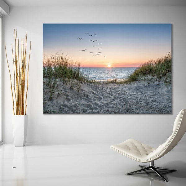 Sand Dunes On The Beach At Canvas Wall Art Sunset Birds Stunning Seascape Modern Design Canvas Print Wall Art Picture