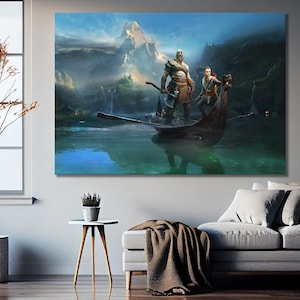 Kratos e Atreus no Lago Nebuloso - God of War - 5 peças de arte de parede em tela - pôster GOW - tela de Kratos - pôster de Atreus - God of War Ragnarok