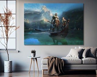 Kratos en Atreus in misty Lake - God of War 5 stuks canvas muurkunst - GOW poster - Kratos canvas - Atreus poster - God of War Ragnarok