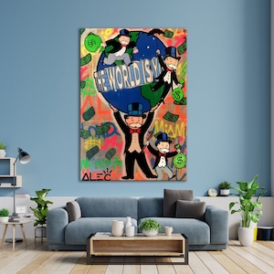 Monopoly y "El mundo es tuyo", pintura moderna única, lienzo abstracto enmarcado, arte de pared, póster impreso, decoración para el hogar u oficina, regalo