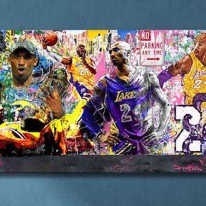 Kobe Graffiti Pop Art Canvas Art, Banksy Style Champ Kobe, Kobe All Time Pop Art Canvas Decor, Panoramic Canvas 20"x60"