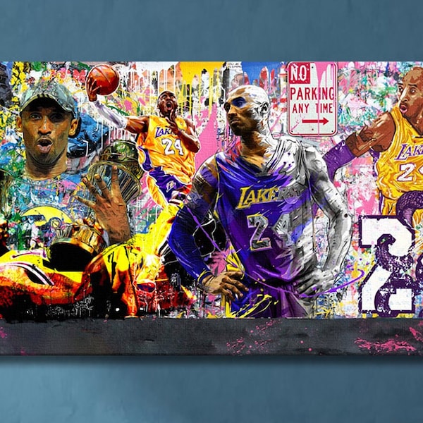 Toile Pop Art Graffiti de Kobe, Kobe champion style Banksy, décoration de toile Kobe All Time Pop Art, toile panoramique 20 x 60 po