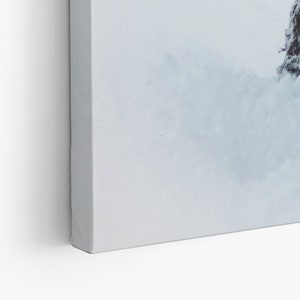 May include: A close-up of a white canvas painting with a single dark green tree in the upper right corner. The tree is partially obscured by a white fog or mist.