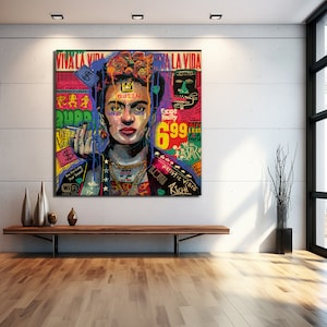 Banksy Frida Quadrat Pop Art Leinwand Druck, Banksy Kunst, Frida Graffiti, Street Graffiti Wandkunst, Banksy Frida Quadrat Leinwand
