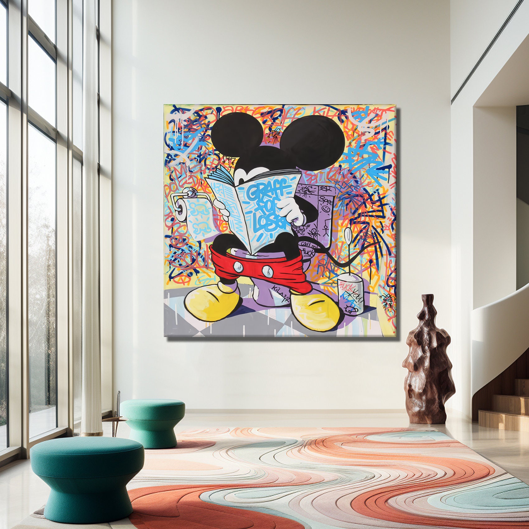 Mickey in the Toilet Pop Art Canvas Print, Banksy Art, Mickey