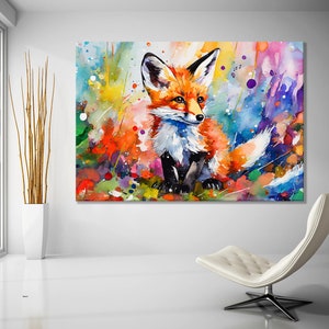 Baby Fuchs Aquarellmalerei Leinwanddruck, abstraktes niedliches Fuchs, niedliches kleines Tier, Leinwand, fertig zum Aufhängen