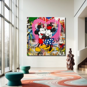 Mickey Mouse Love Pop Art Canvas Print, Banksy Art, Minnie Mouse Graffiti, Street Graffiti Wall Art, Mickey And minnie Mouse Square Canvas