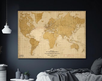 Mapa tras kabli telegraficznych z 1880 r., Piękna mapa świata w stylu vintage Atlas z 1880 r. z projekcją Merkatora w sepii, Plakat w stylu vintage, Prezent