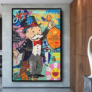 Cuadro moderno único de moda con diseño de hombre de Monopoly de Pop Art, impresión abstracta, lienzo enmarcado, arte de pared, póster, impresión, decoración para el hogar u oficina, regalo