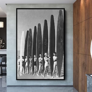 Vintage Women Surfers Canvas Print , Black and White Art, Vintage Wall Art, Beach Wall Art, Women Sports Art, Vintage wall art
