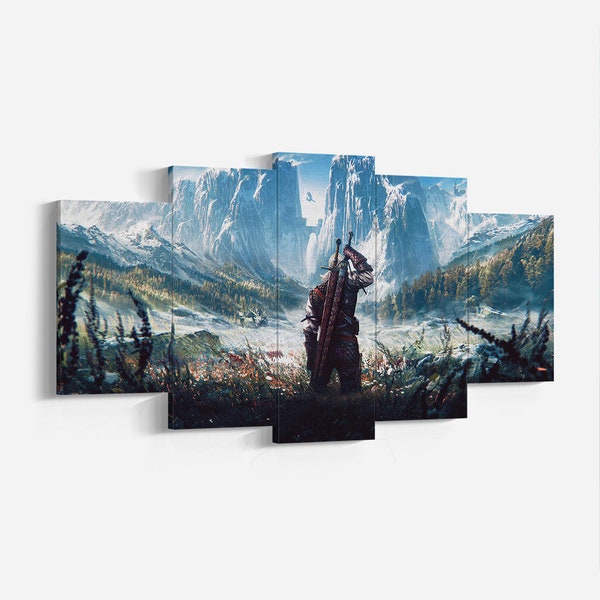 The Witcher 3 Canvas Print,5 Panel Witcher 3 Canvas Geralt de Rivia Decoración de pared, Impresión de lienzo, Regalo de impresión de juego