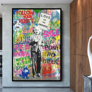 Arte de pared en lienzo pop art de Banksy Einstein &quot;El amor es la respuesta&quot;, arte de pared de Banksy Einstein, arte de pared de grafiti callejero, Einstein, arte pop de Einstein