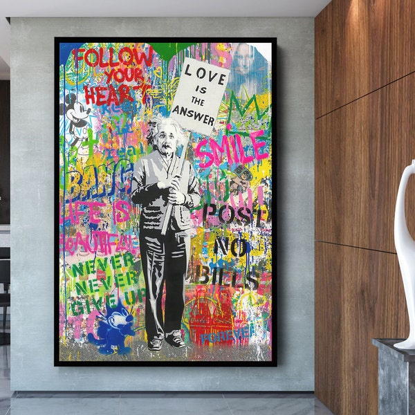 Banksy Einstein Love is the Answer Pop Art Canvas Wall Art, Banksy Einstein Art, Street Graffiti Wall Art, Einstein, Einstein Pop Art